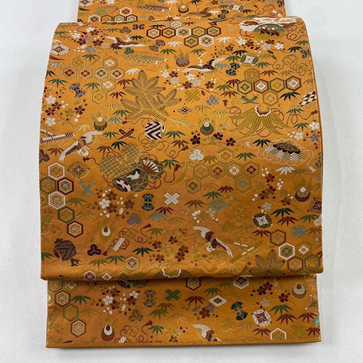 袋帯 美品 秀品 宝尽くし 松竹梅 金糸 箔 オレンジ 六通 正絹 【中古】拍卖
