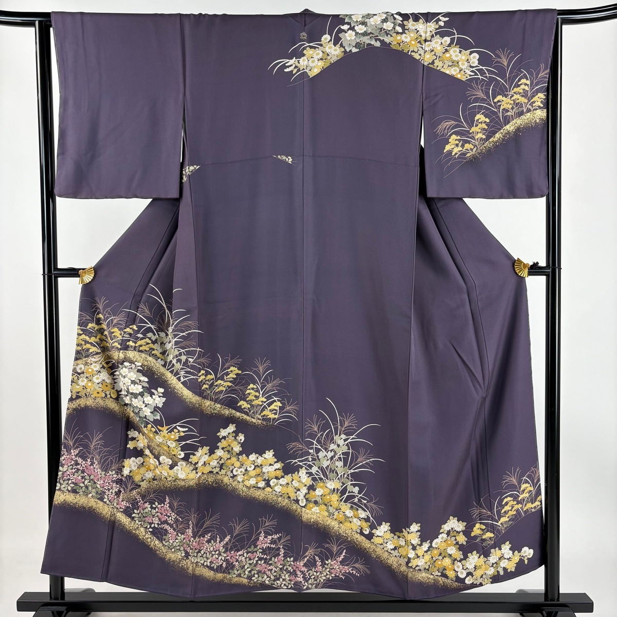 訪問着 身丈154.5cm 裄丈65cm M 袷 ますいわ屋 秋草 金彩 紫 正絹 名品 一つ紋 【中古】拍卖