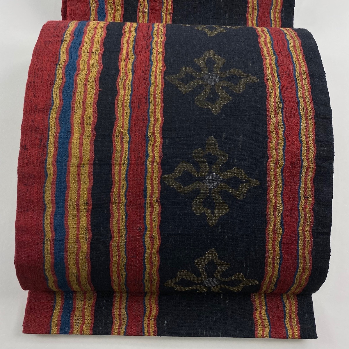 袋帯 美品 秀品 花 よろけ縞 金銀糸 黒 お太鼓柄 正絹 【中古】拍卖