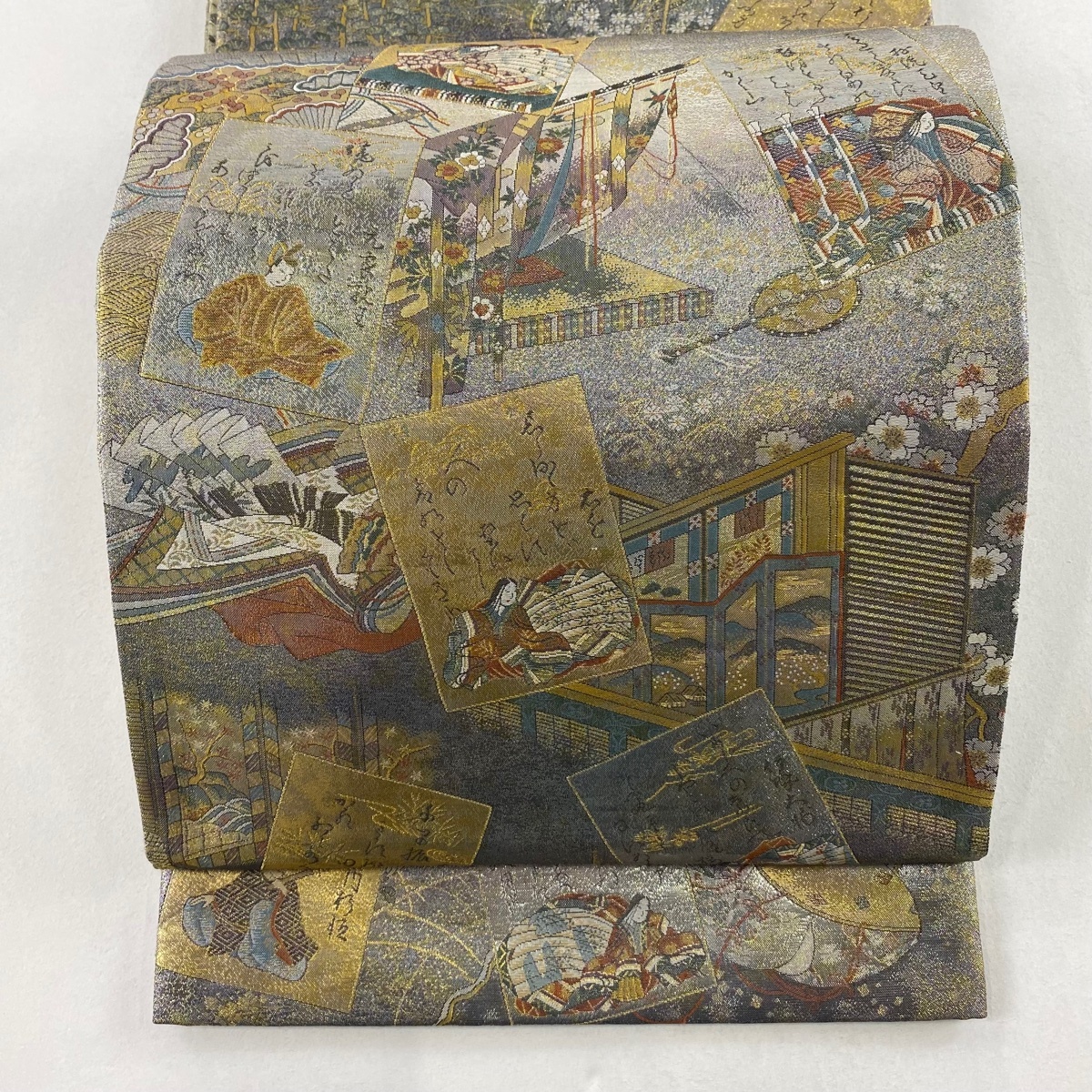 袋帯 美品 秀品 小倉百人一首 人物 箔 灰紫 全通 正絹 【中古】拍卖