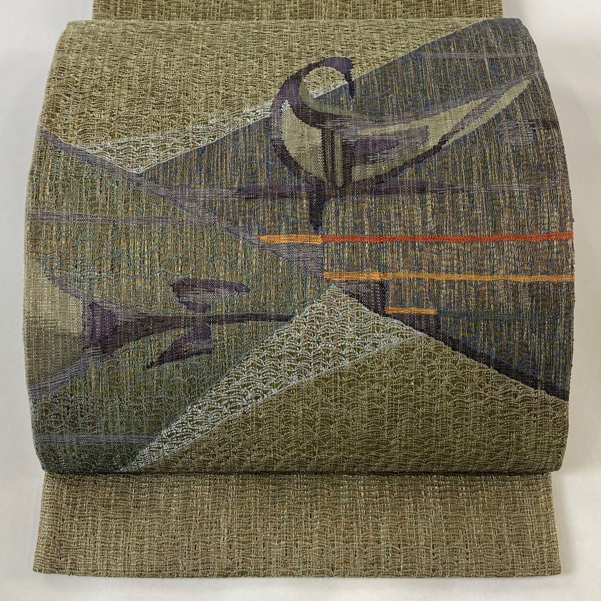 袋帯 美品 秀品 証紙 鳥 草花 金糸 灰緑 お太鼓柄 正絹 【中古】拍卖