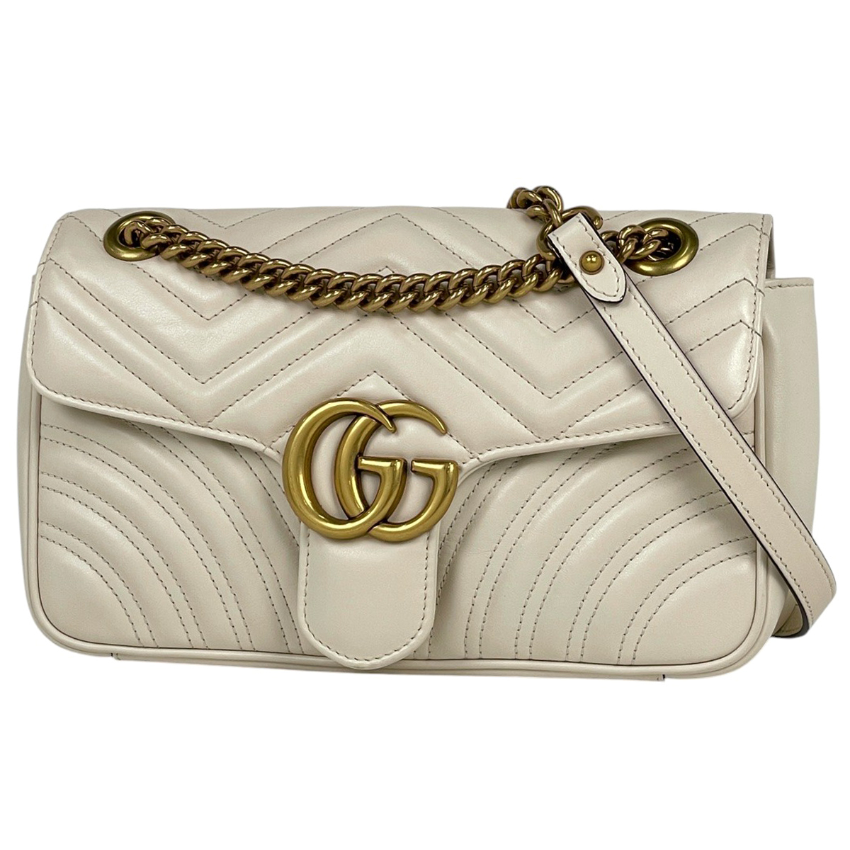 グッチ GUCCI GGマーモント キルティング スモール ショルダーバッグ ダブルG レザー ホワイト 443497 レディース 【中古】拍卖