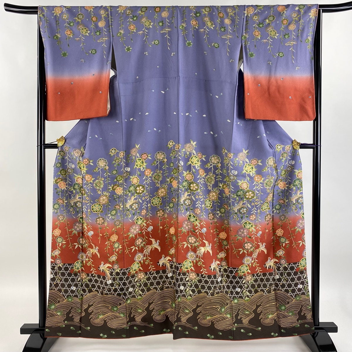 訪問着 身丈161cm 裄丈65.5cm M 袷 枝垂れ桜 尾長鶏 金彩 ぼかし 灰紫 正絹 秀品 【中古】拍卖