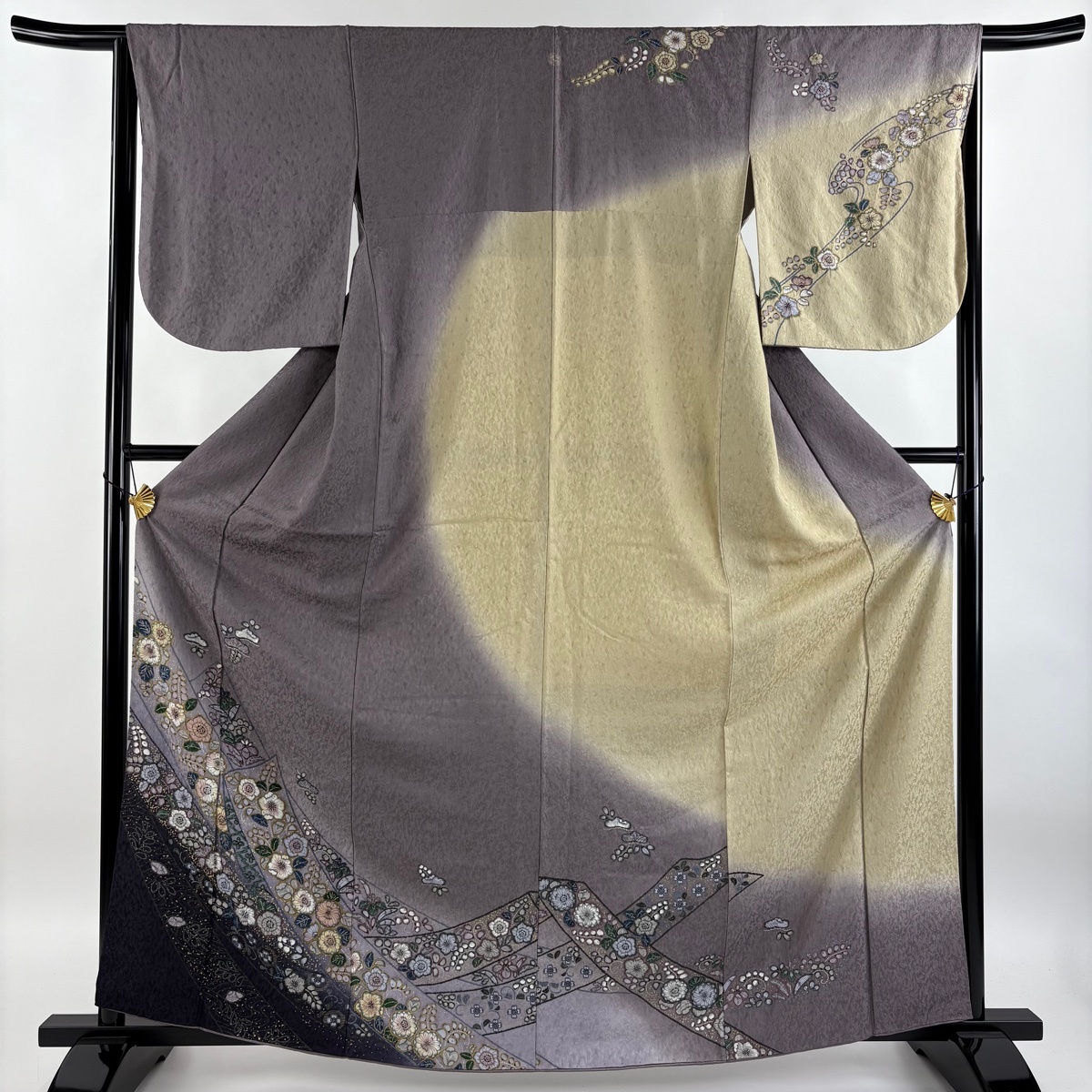 訪問着 身丈162cm 裄丈65.5cm M 袷 草花 熨斗 金彩 ぼかし 灰紫 正絹 秀品 一つ紋 【中古】拍卖