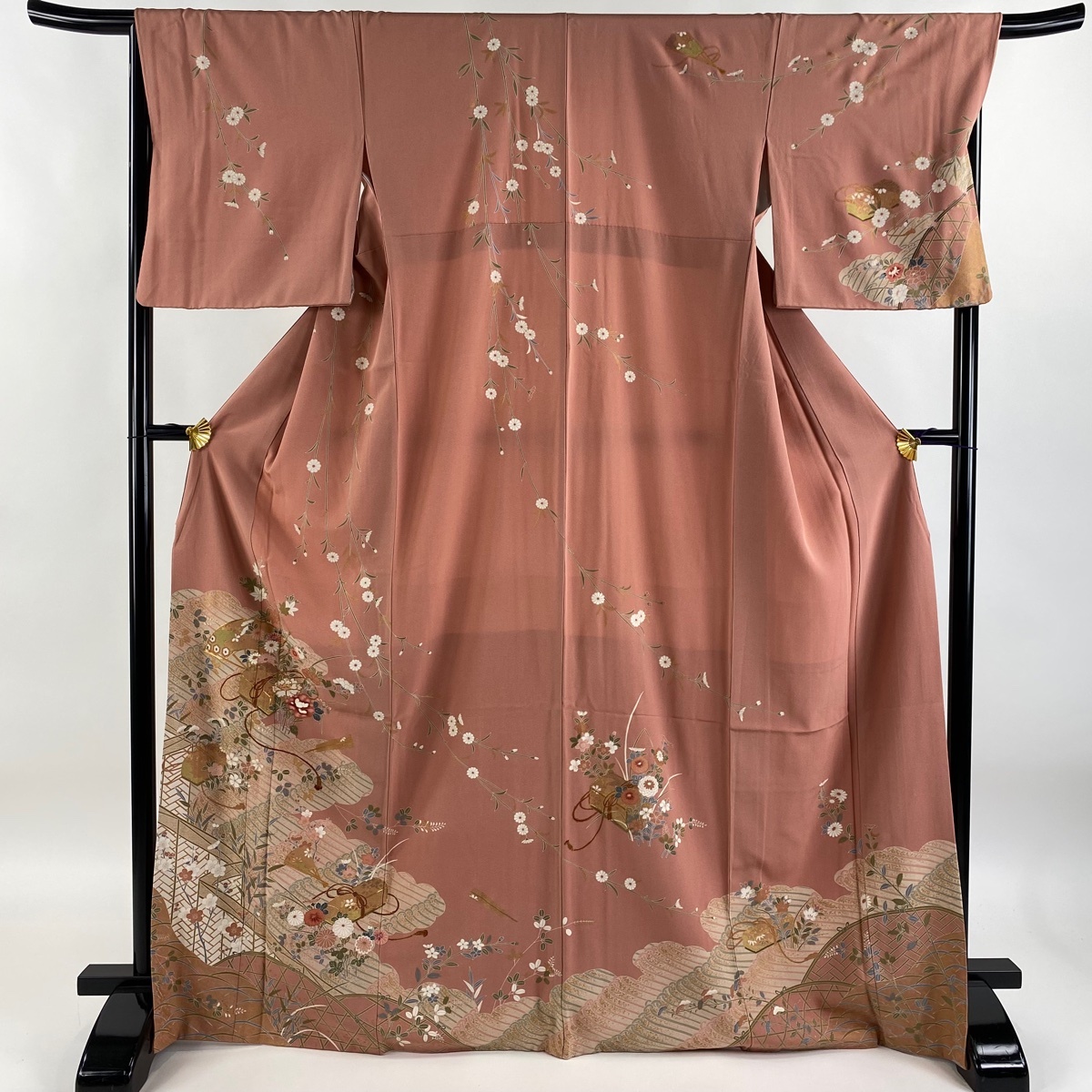 訪問着 身丈168cm 裄丈66.5cm M 袷 文箱 草花 金糸 金彩 ピンク 正絹 秀品 【中古】拍卖