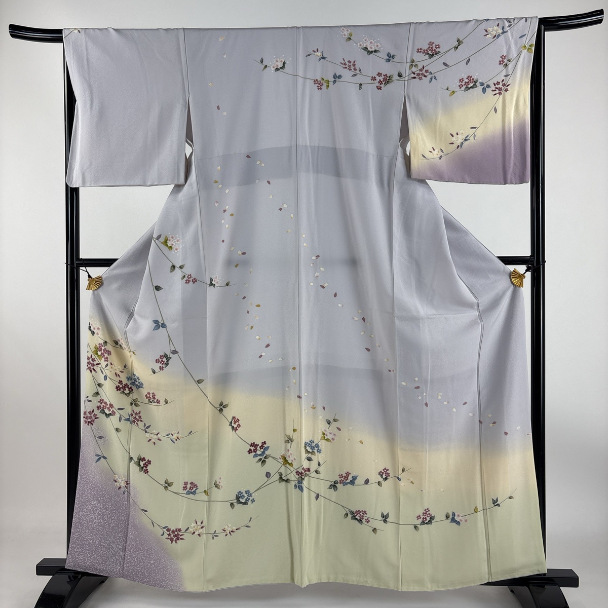 訪問着 身丈161cm 裄丈66cm M 袷 枝花 ぼかし 灰紫 正絹 秀品 【中古】拍卖