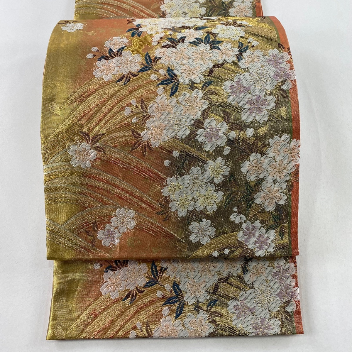 袋帯 美品 秀品 桜 波 金糸 箔 オレンジ 六通 正絹 【中古】拍卖