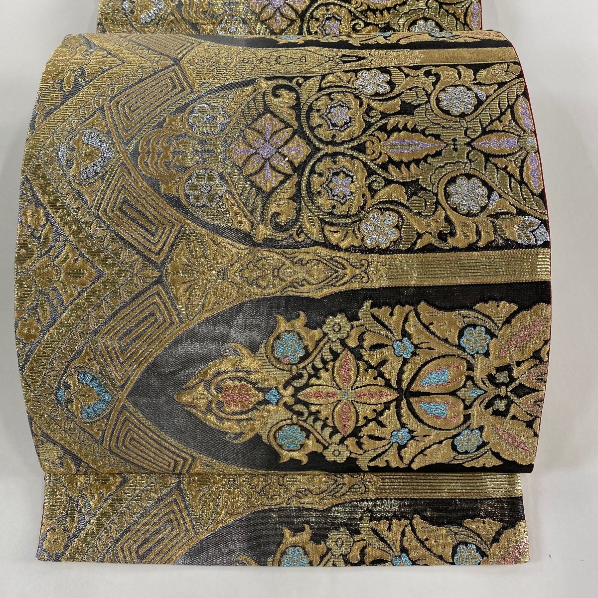 袋帯 美品 秀品 草花 幾何学 箔 金糸 黒灰 六通 正絹 【中古】拍卖