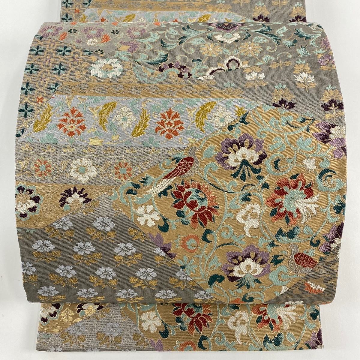 袋帯 美品 秀品 花唐草 鳥 金糸 箔 灰色 六通 正絹 【中古】拍卖