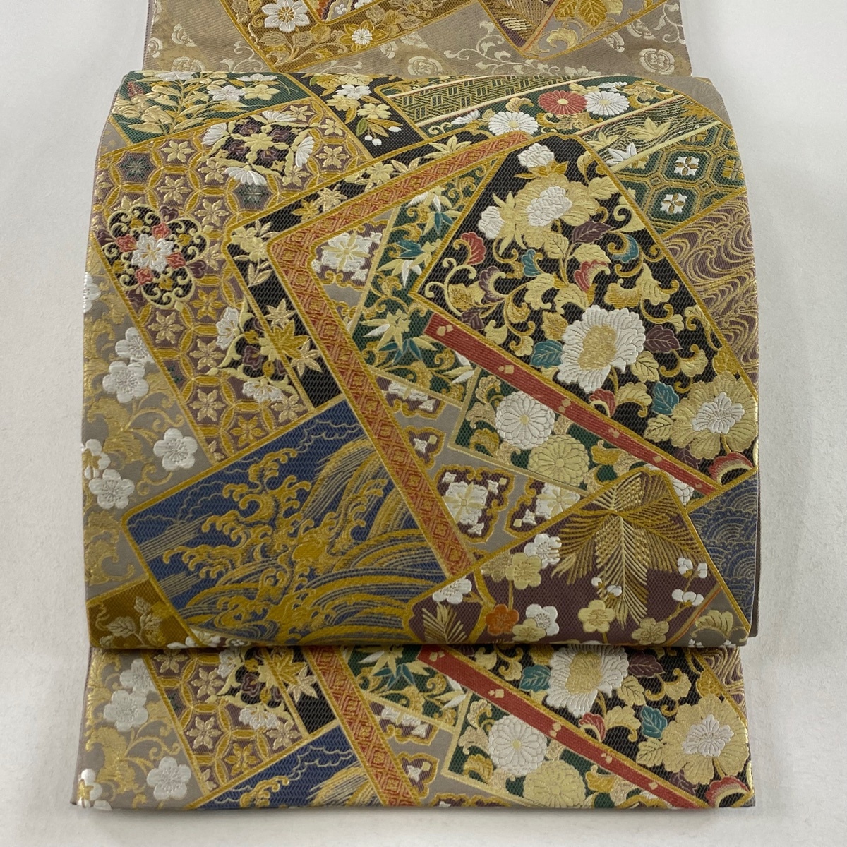袋帯 美品 秀品 色紙 草花 金糸 箔 灰紫 六通 正絹 【中古】拍卖
