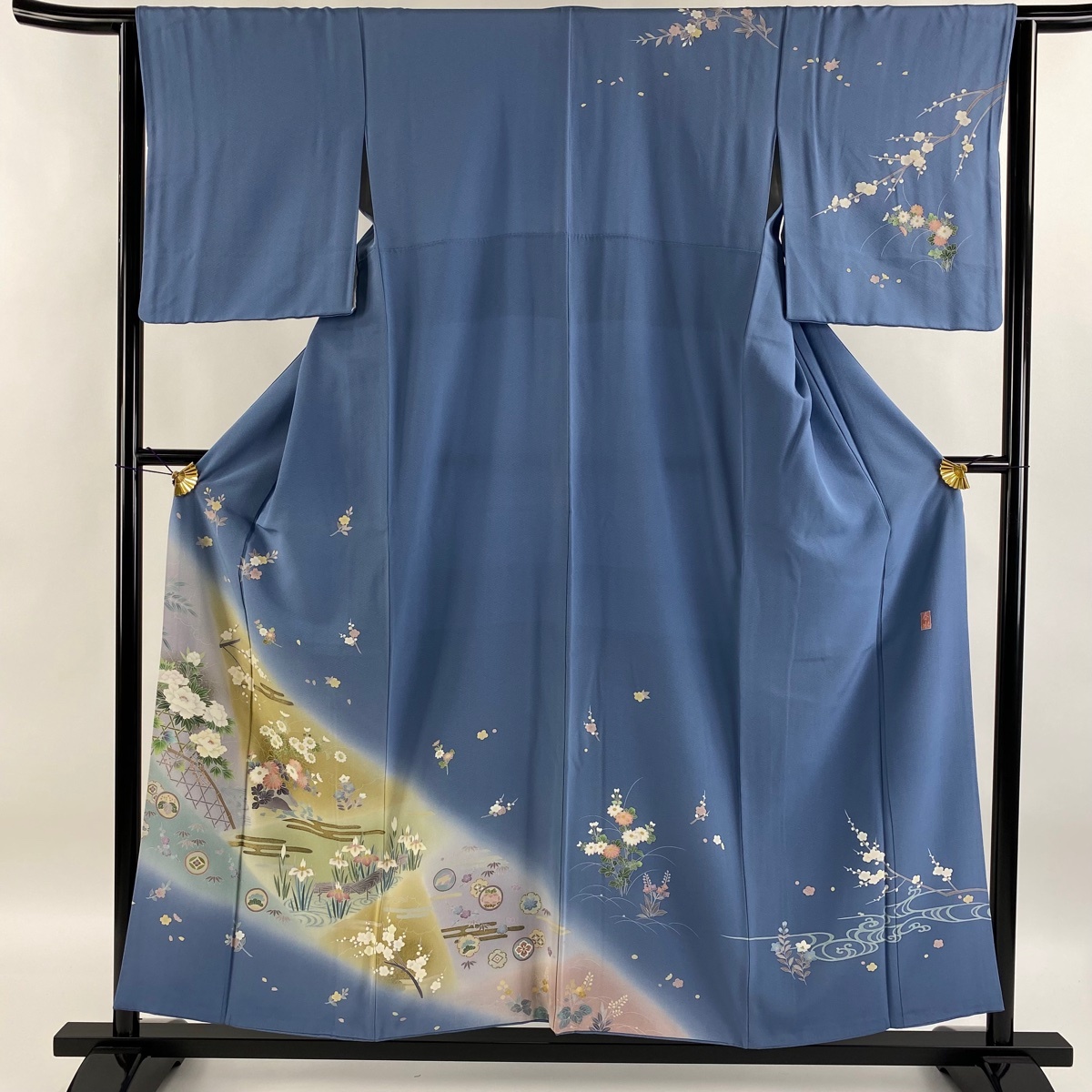 訪問着 身丈155.5cm 裄丈65cm M 袷 落款 草花 ヱ霞 金彩 ぼかし 青 正絹 秀品 【中古】拍卖