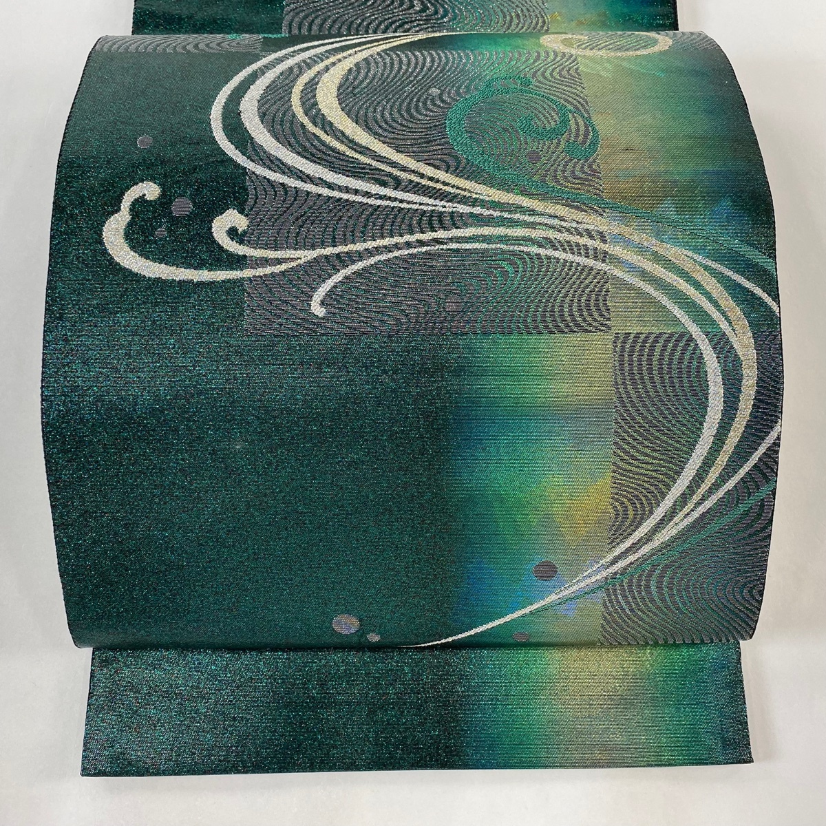 袋帯 美品 秀品 流水 市松 銀糸 箔 緑 六通 正絹 【中古】拍卖