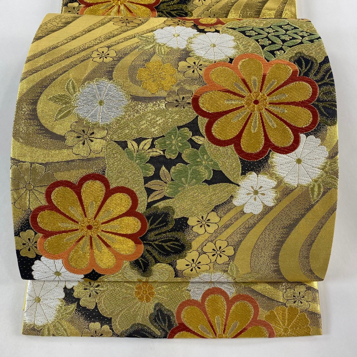 袋帯 美品 秀品 鈴乃屋 草花 七宝 金糸 箔 金色 六通 正絹 【中古】拍卖