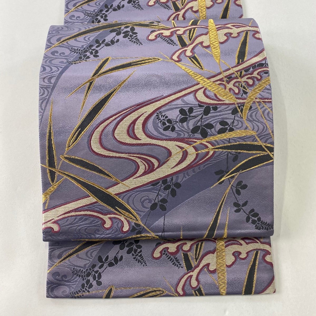 袋帯 秀品 落款 波頭 笹 金糸 箔 薄紫 六通 正絹 【中古】拍卖