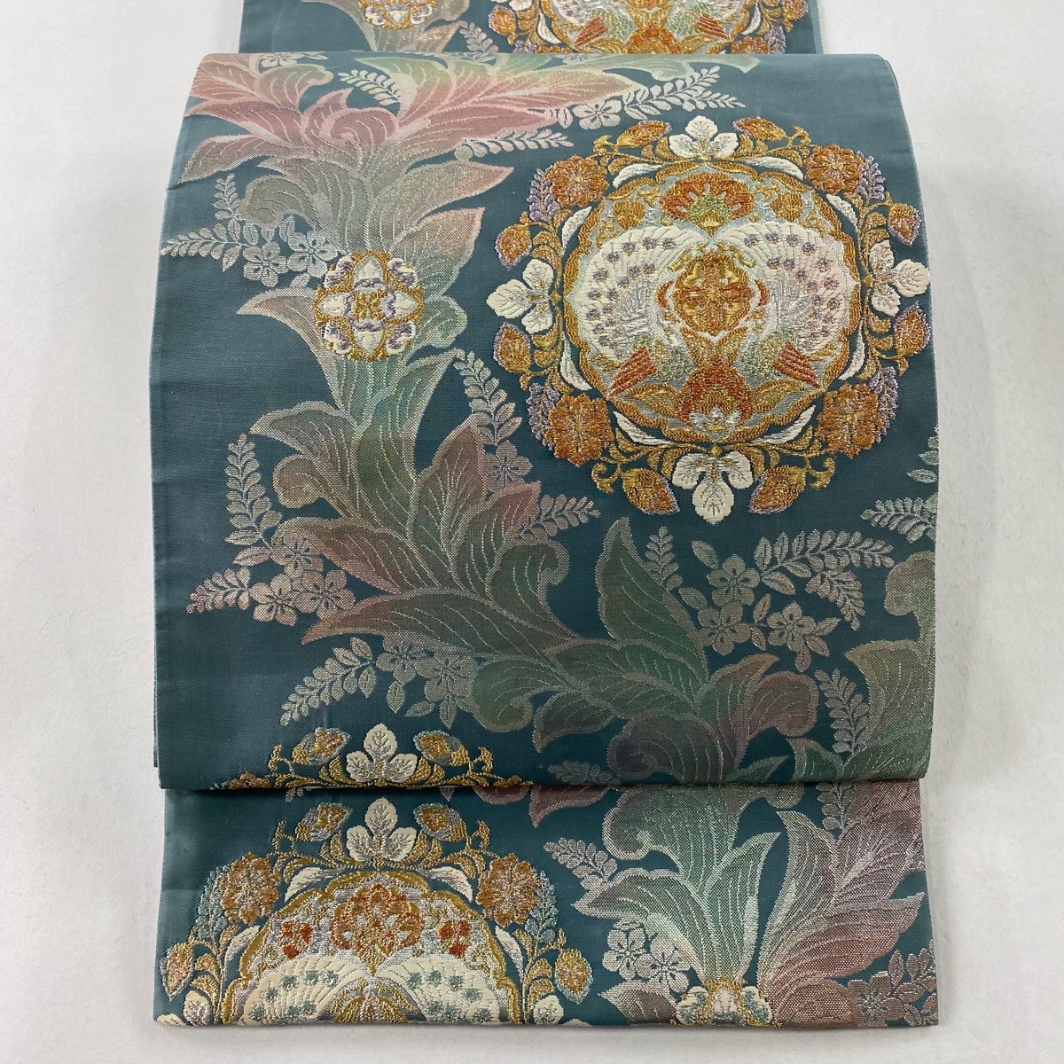 袋帯 秀品 向かい鳥 草花 金銀糸 箔 灰緑 六通 正絹 【中古】拍卖