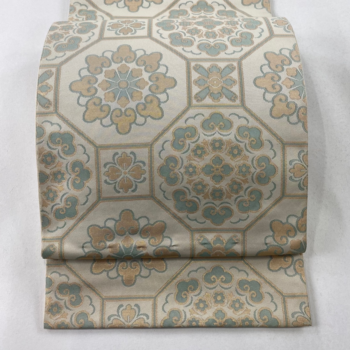 袋帯 秀品 蜀江華文 箔 クリーム 全通 正絹 【中古】拍卖