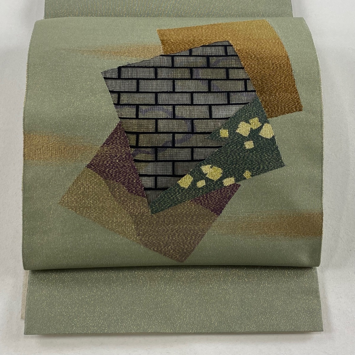 袋帯 美品 秀品 やまと 色紙 霞 金糸 箔 灰緑 お太鼓柄 正絹 【中古】拍卖