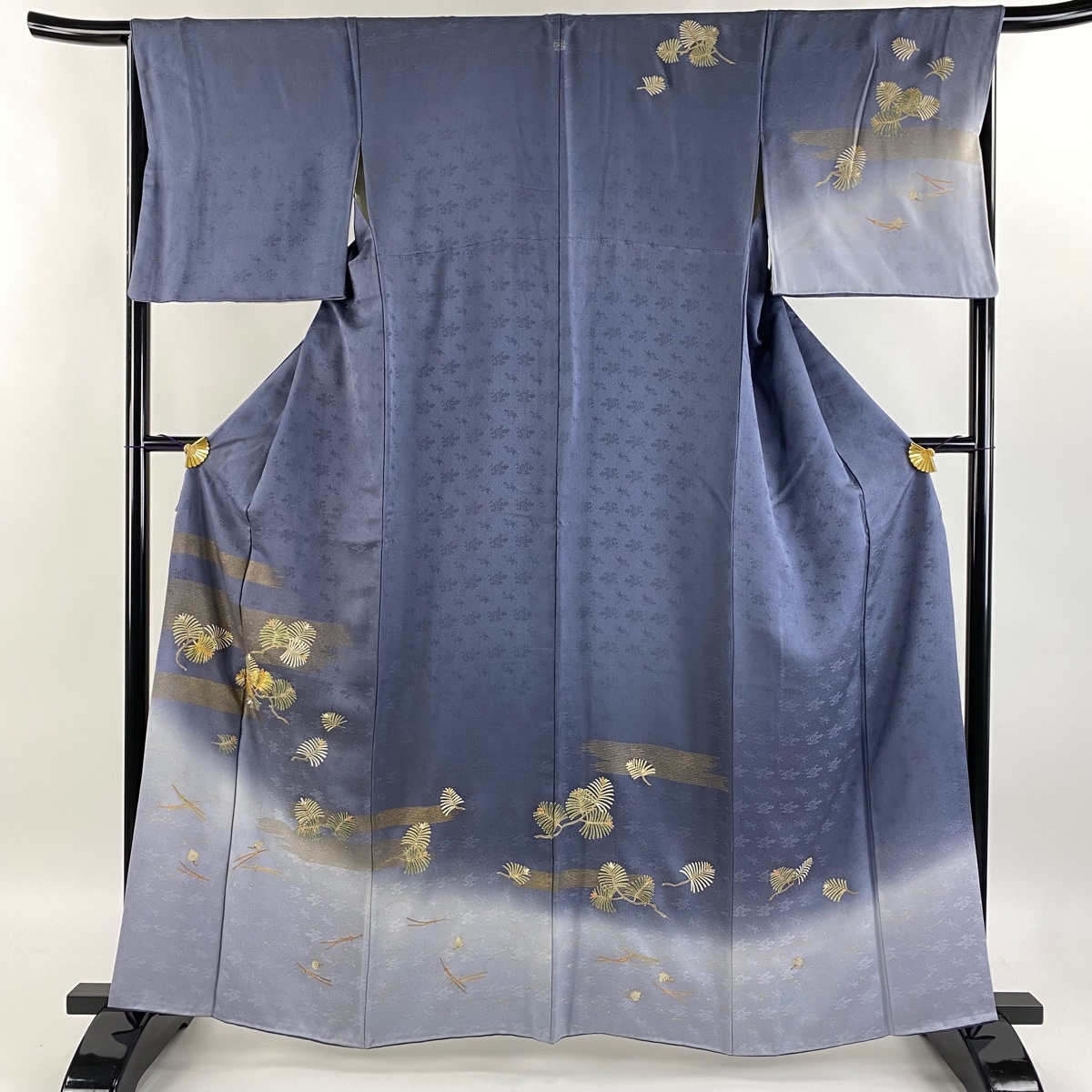 訪問着 身丈161.5cm 裄丈67cm M 袷 若松 霞 金糸 金彩 青灰色 正絹 秀品 【中古】拍卖