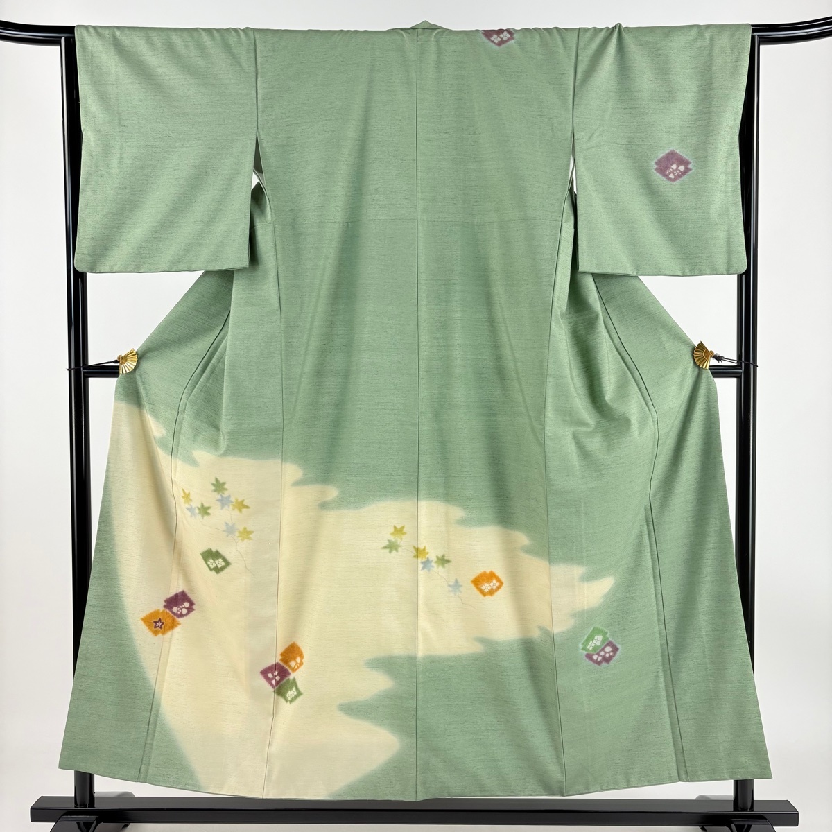 訪問着 身丈155cm 裄丈66cm M 袷 紬地 楓 霞 灰緑 正絹 秀品 【中古】拍卖