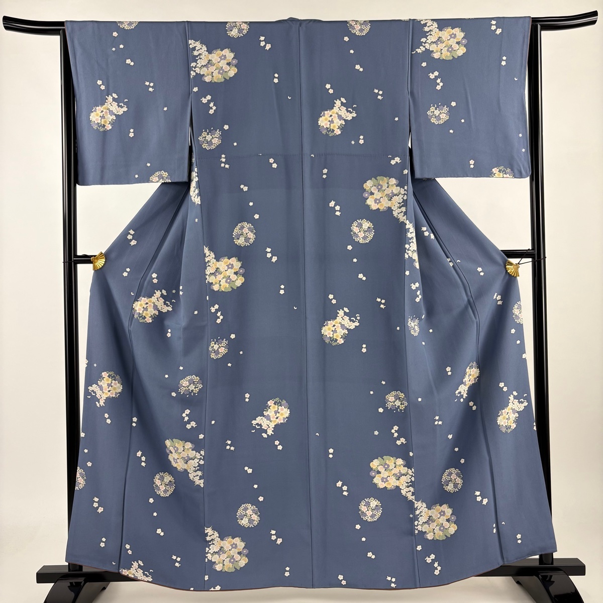 小紋 身丈160cm 裄丈65cm M 袷 菊 梅 青灰色 正絹 秀品 【中古】拍卖