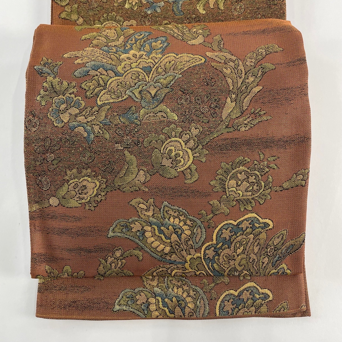 袋帯 美品 秀品 草花 霞 箔 赤茶 六通 正絹 【中古】拍卖