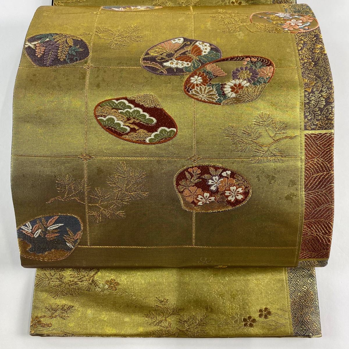 袋帯 美品 秀品 格子貝合文 金糸 箔 金色 六通 正絹 【中古】拍卖