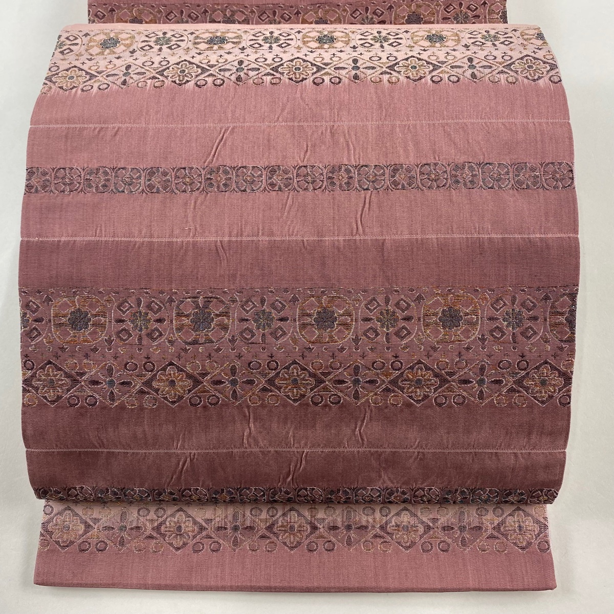 袋帯 美品 秀品 紬地 縞 華文 金糸 灰桜 全通 正絹 【中古】拍卖