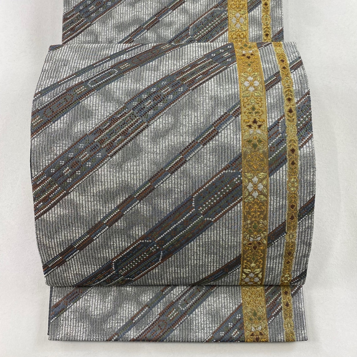 袋帯 美品 秀品 草花 縞 金銀糸 銀色 六通 正絹 【中古】拍卖
