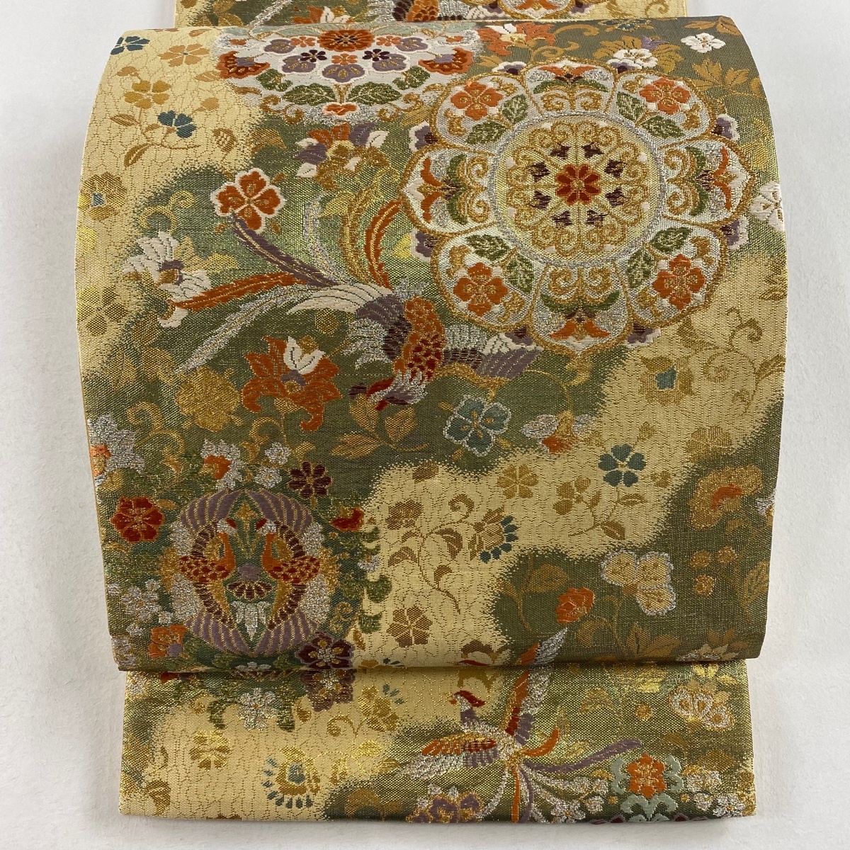 袋帯 美品 秀品 華文 尾長鳥 金銀糸 箔 ベージュ 六通 正絹 【中古】拍卖