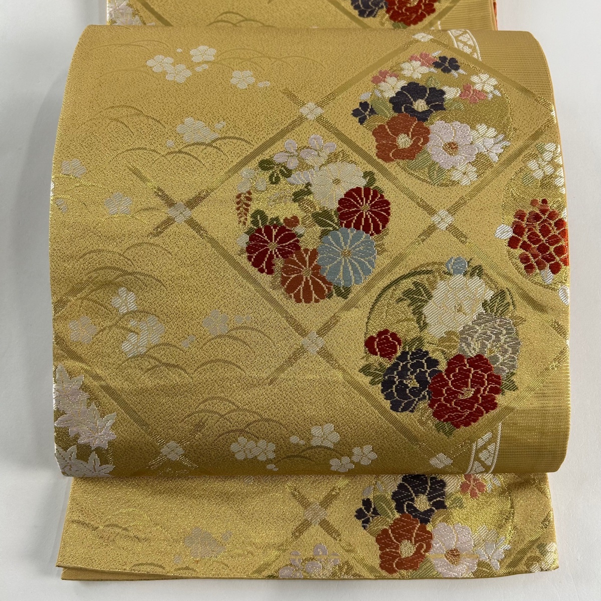 袋帯 美品 秀品 彩錦 花丸文 格天井 唐織 金銀糸 金色 六通 正絹 【中古】拍卖