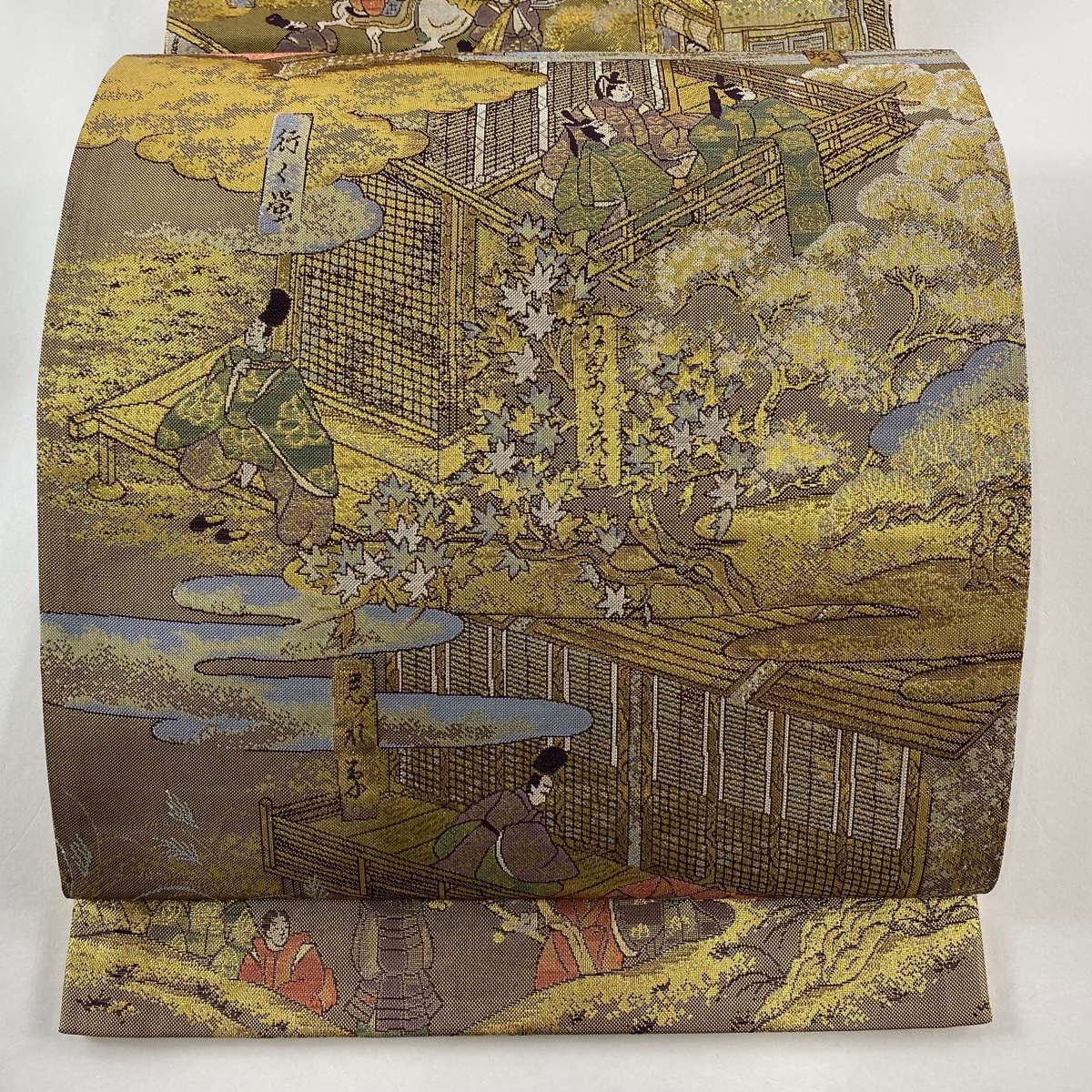 袋帯 美品 秀品 御所風景 箔 金色 お太鼓柄 正絹 【中古】拍卖
