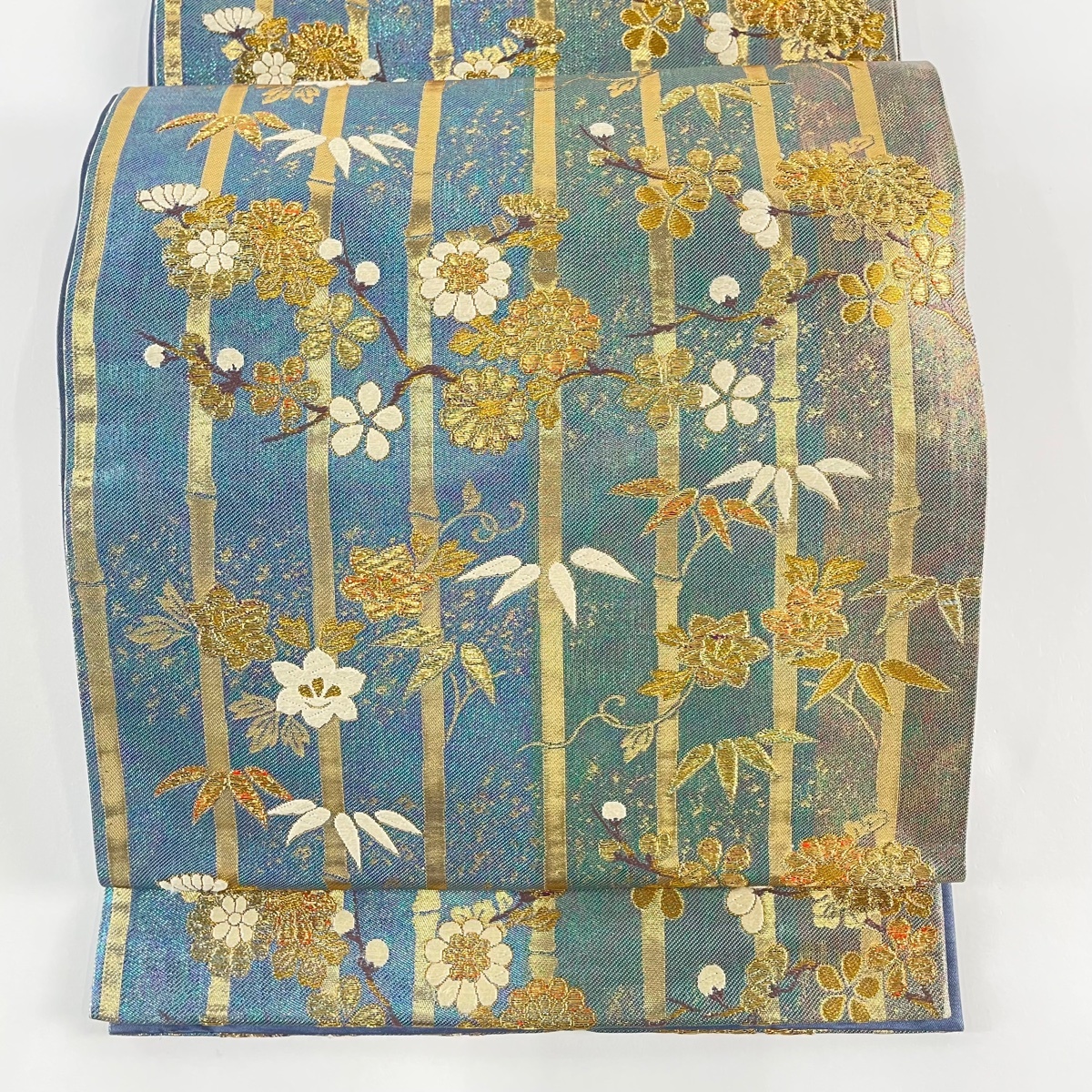 袋帯 秀品 草花 竹 金糸 箔 青緑 六通 正絹 【中古】拍卖