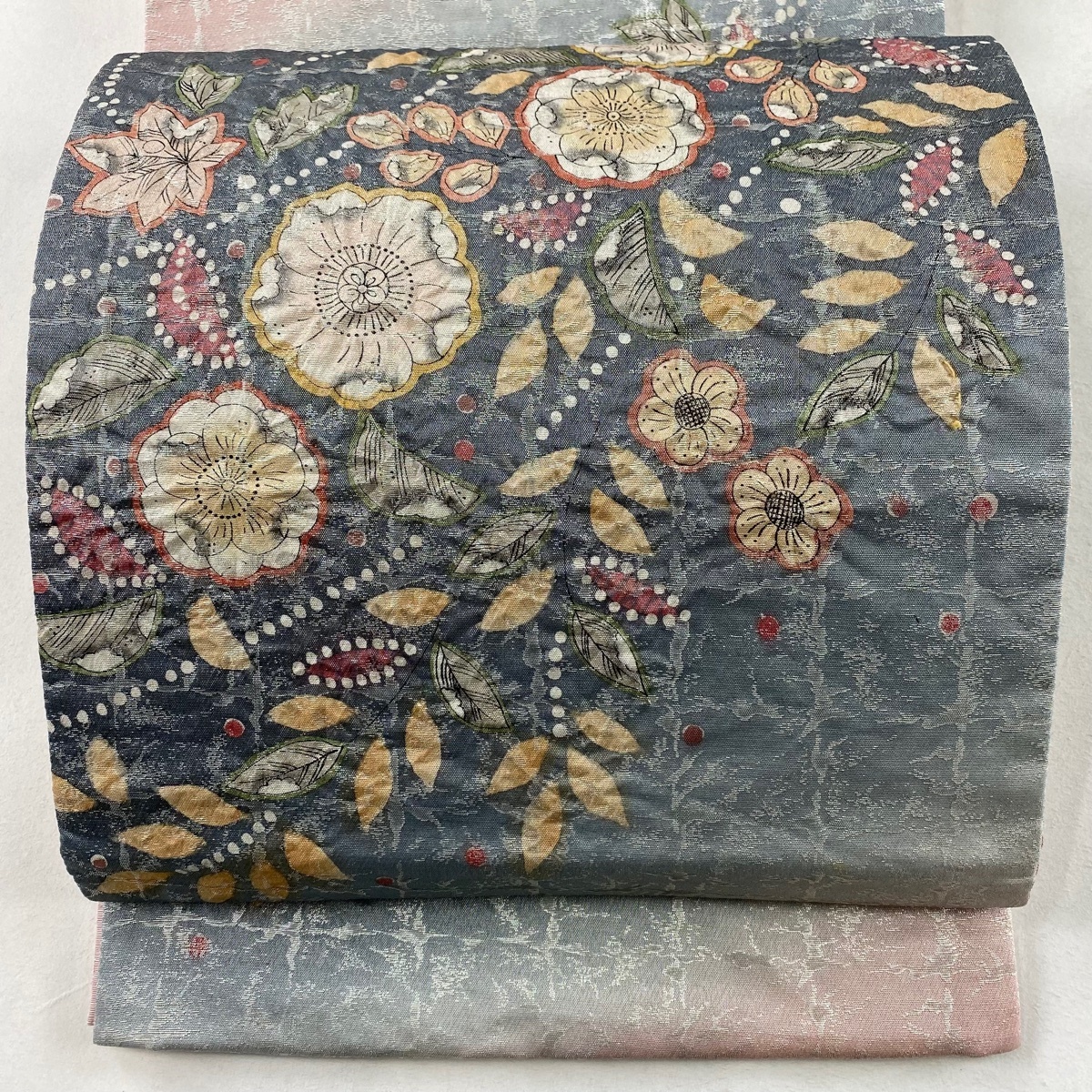 袋帯 美品 名品 草花 格子 銀糸 箔 青灰色 お太鼓柄 正絹 【中古】拍卖