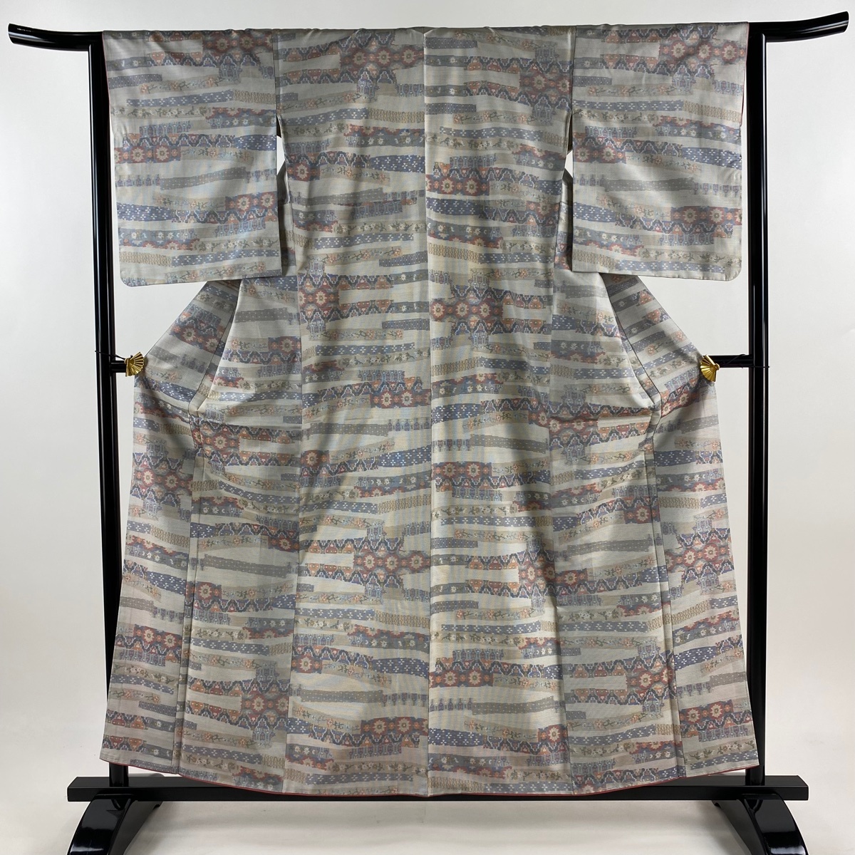 大島紬 身丈158cm 裄丈63.5cm S 袷 証紙 華文 草花 青灰色 正絹 美品 秀品 【中古】拍卖