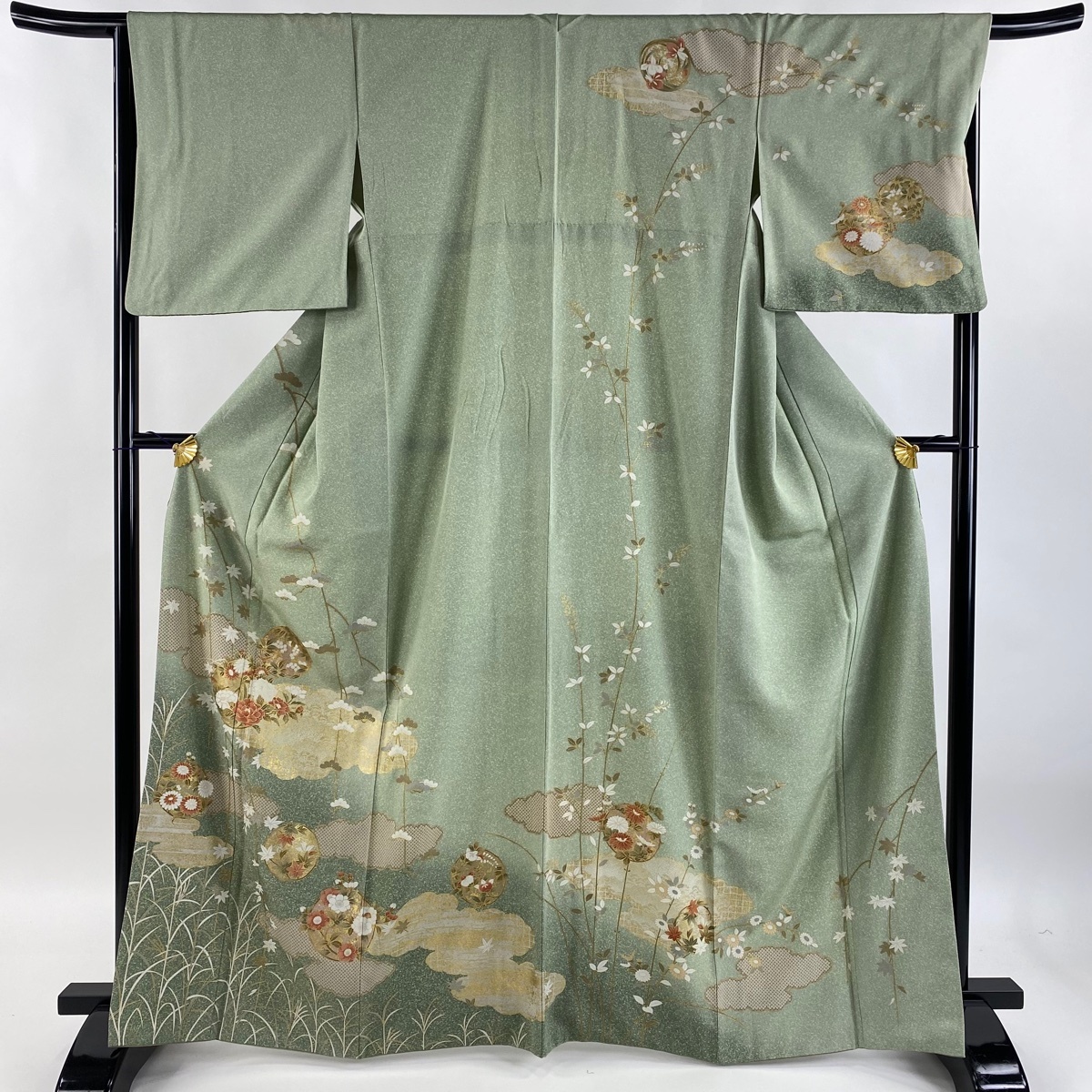 訪問着 身丈165.5cm 裄丈66.5cm M 袷 花丸文 雲文 金彩 ぼかし 薄緑 正絹 秀品 【中古】拍卖