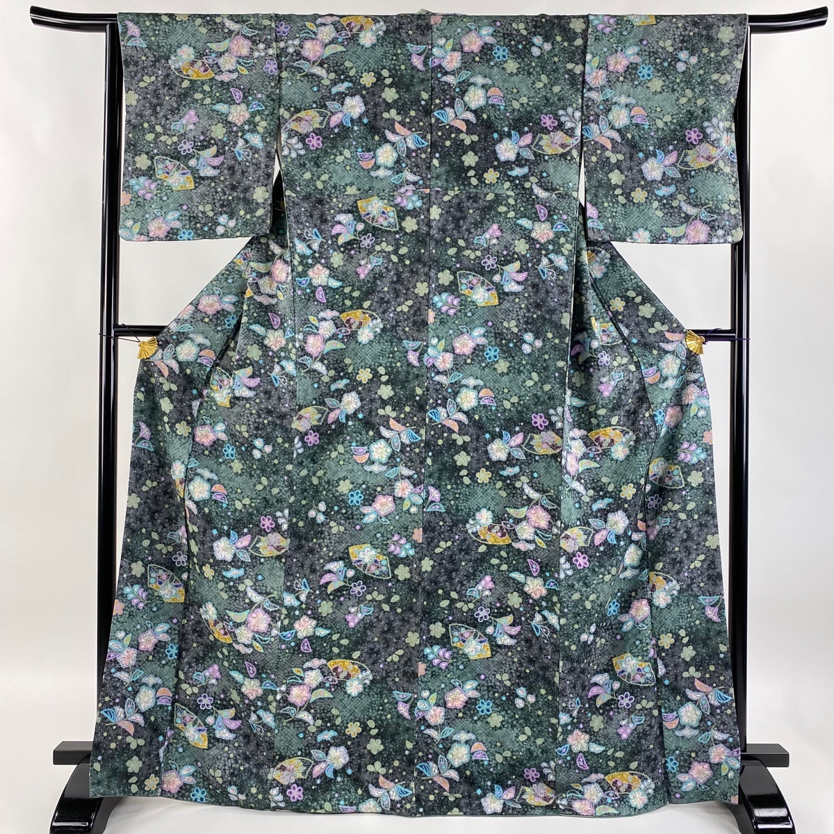 小紋 身丈169cm 裄丈64cm M 袷 扇面 桜 金彩 深緑 正絹 秀品 【中古】拍卖