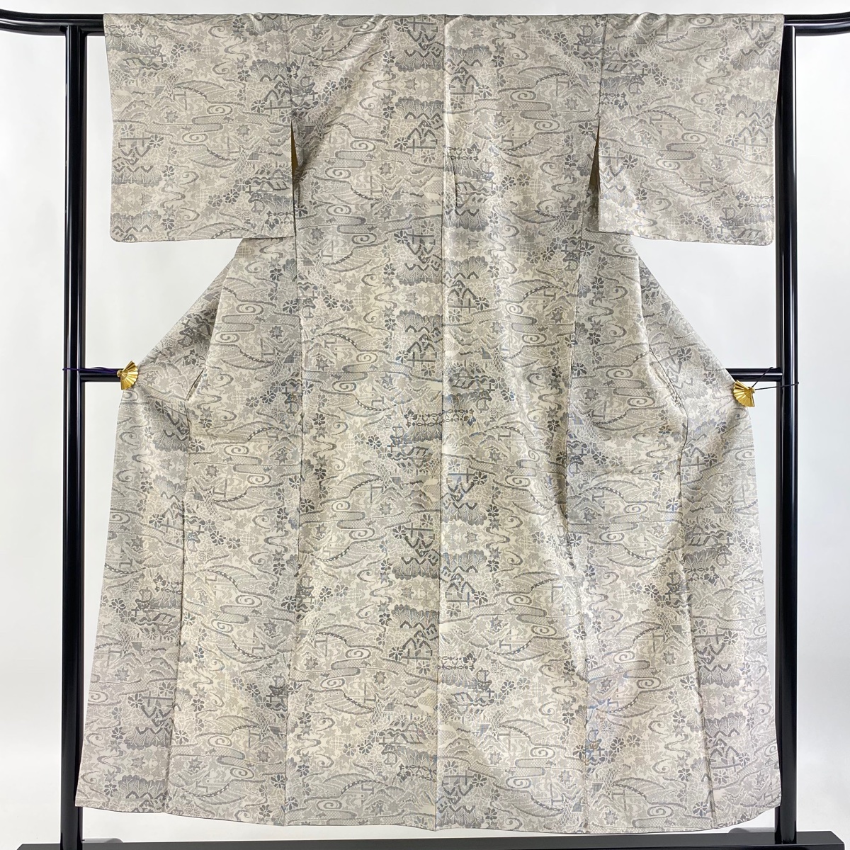 紬 身丈153.5cm 裄丈62cm S 袷 建物 花 クリーム 正絹 秀品 【中古】拍卖