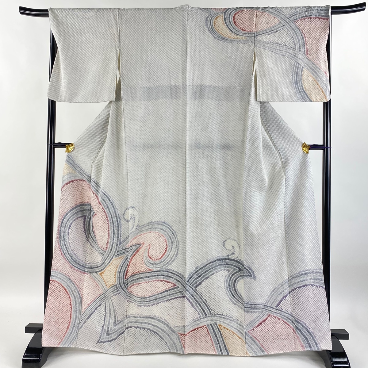 訪問着 身丈165cm 裄丈66.5cm M 袷 幾何学模様 総絞り 青灰色 正絹 名品 【中古】拍卖