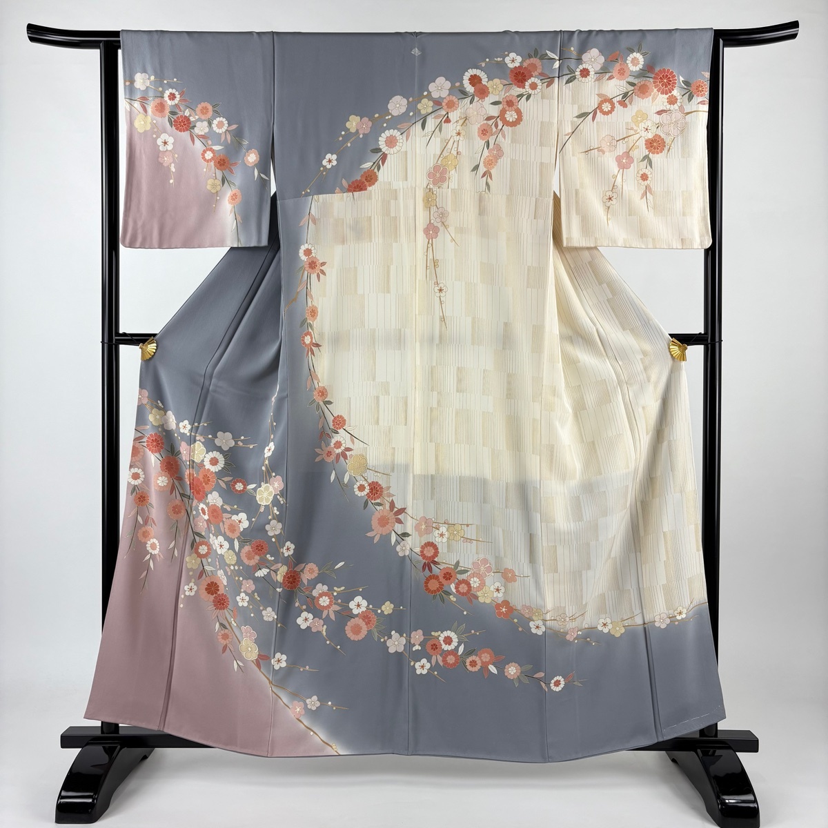 訪問着 身丈159.5cm 裄丈64cm L 袷 枝梅 枝花 金彩 ぼかし 灰色 正絹 秀品 一つ紋 【中古】拍卖