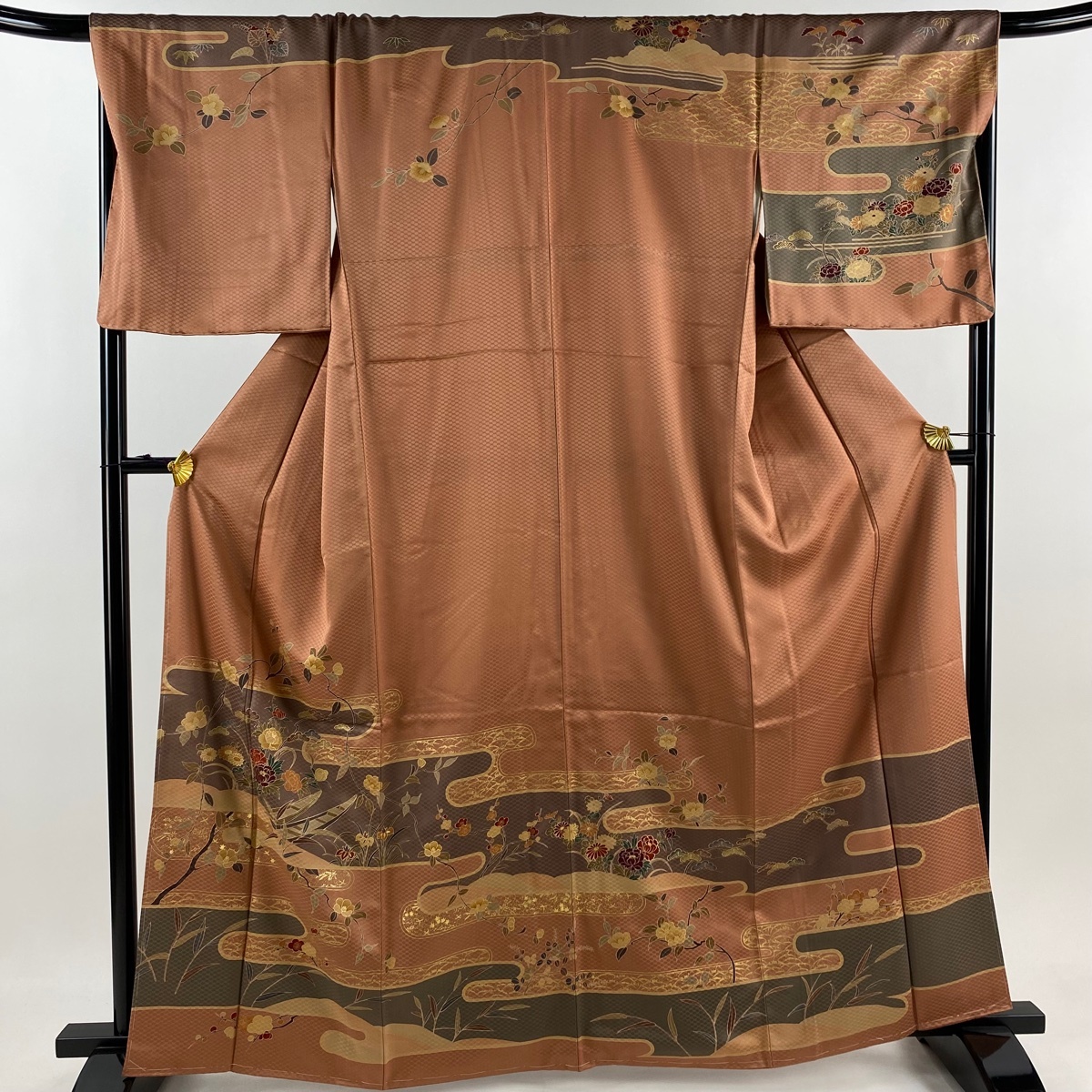 訪問着 身丈162cm 裄丈68cm L 袷 牡丹 舟 金彩 赤茶 正絹 美品 秀品 【中古】拍卖