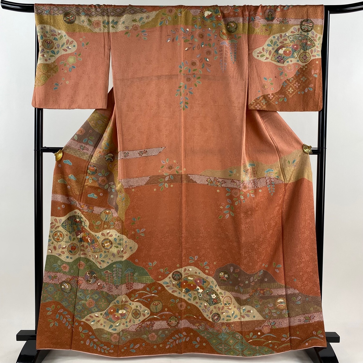 訪問着 身丈163cm 裄丈68.5cm L 袷 扇面 草花 金彩 ピンクベージュ 正絹 秀品 【中古】拍卖