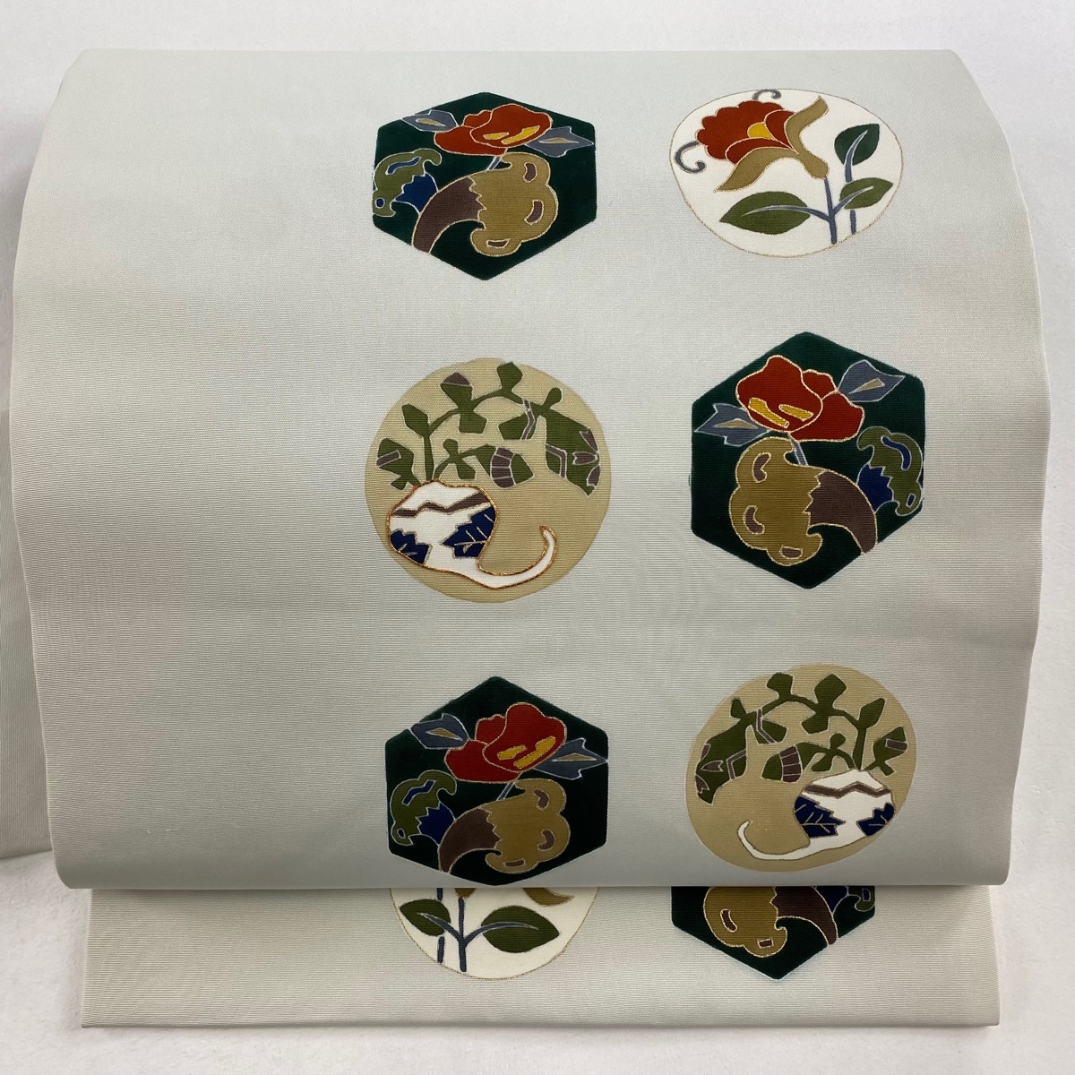 名古屋帯 秀品 草花 生り物 金彩 灰白 正絹 【中古】拍卖