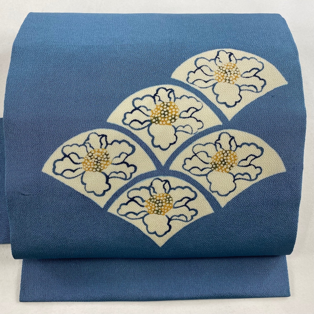 名古屋帯 秀品 花 扇 縮緬 青灰色 正絹 【中古】拍卖