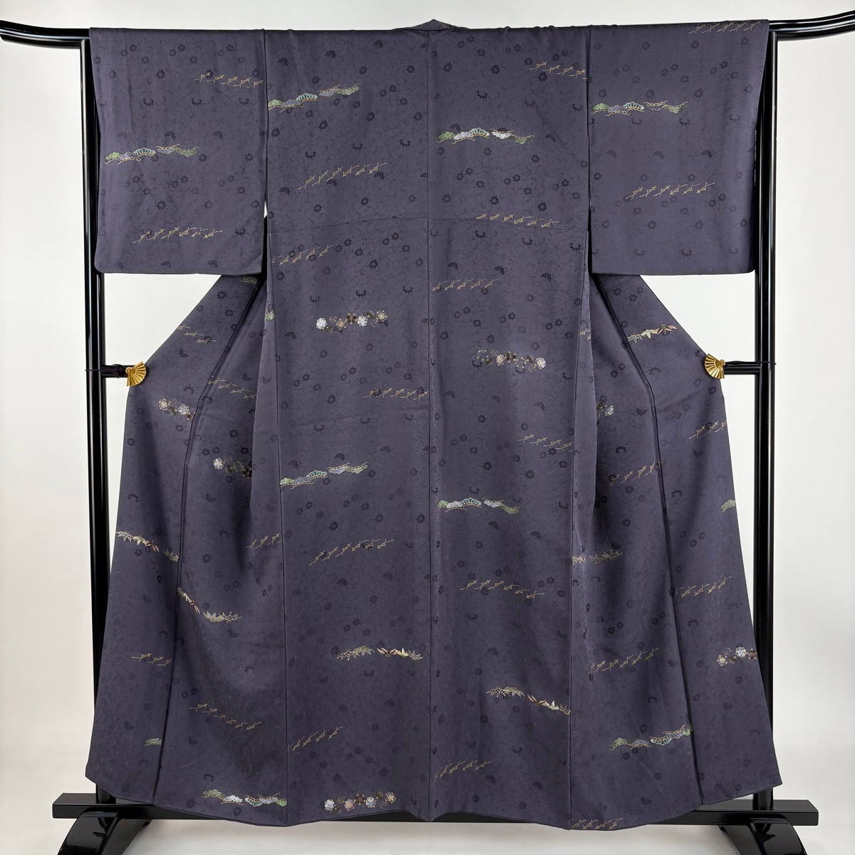 小紋 身丈155cm 裄丈66cm M 袷 松竹梅 地紋 刺繍 金糸 灰紫 正絹 美品 秀品 【中古】拍卖