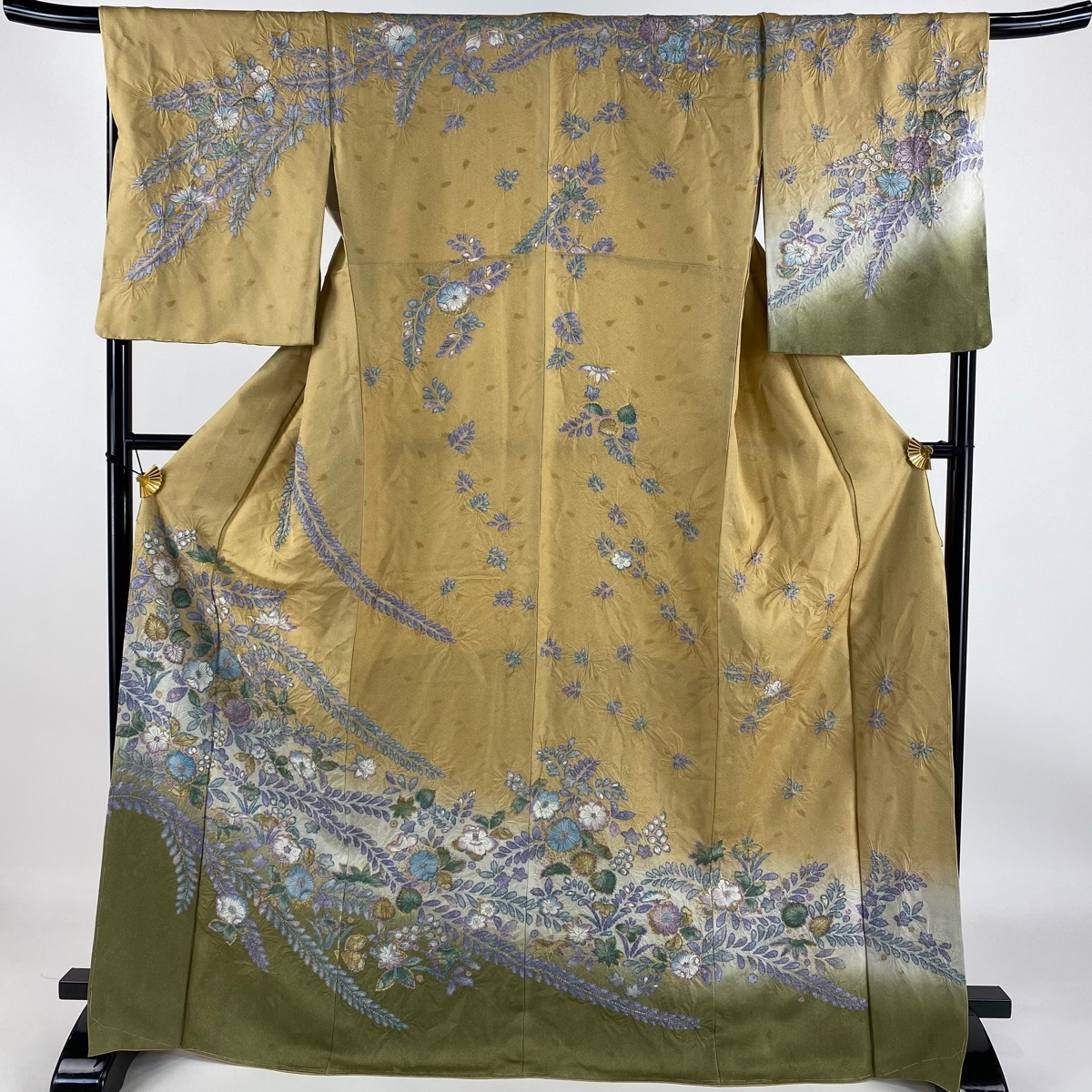 訪問着 身丈170cm 裄丈68.5cm L 袷 辻が花 金彩 ぼかし 薄黄土色 正絹 名品 【中古】拍卖