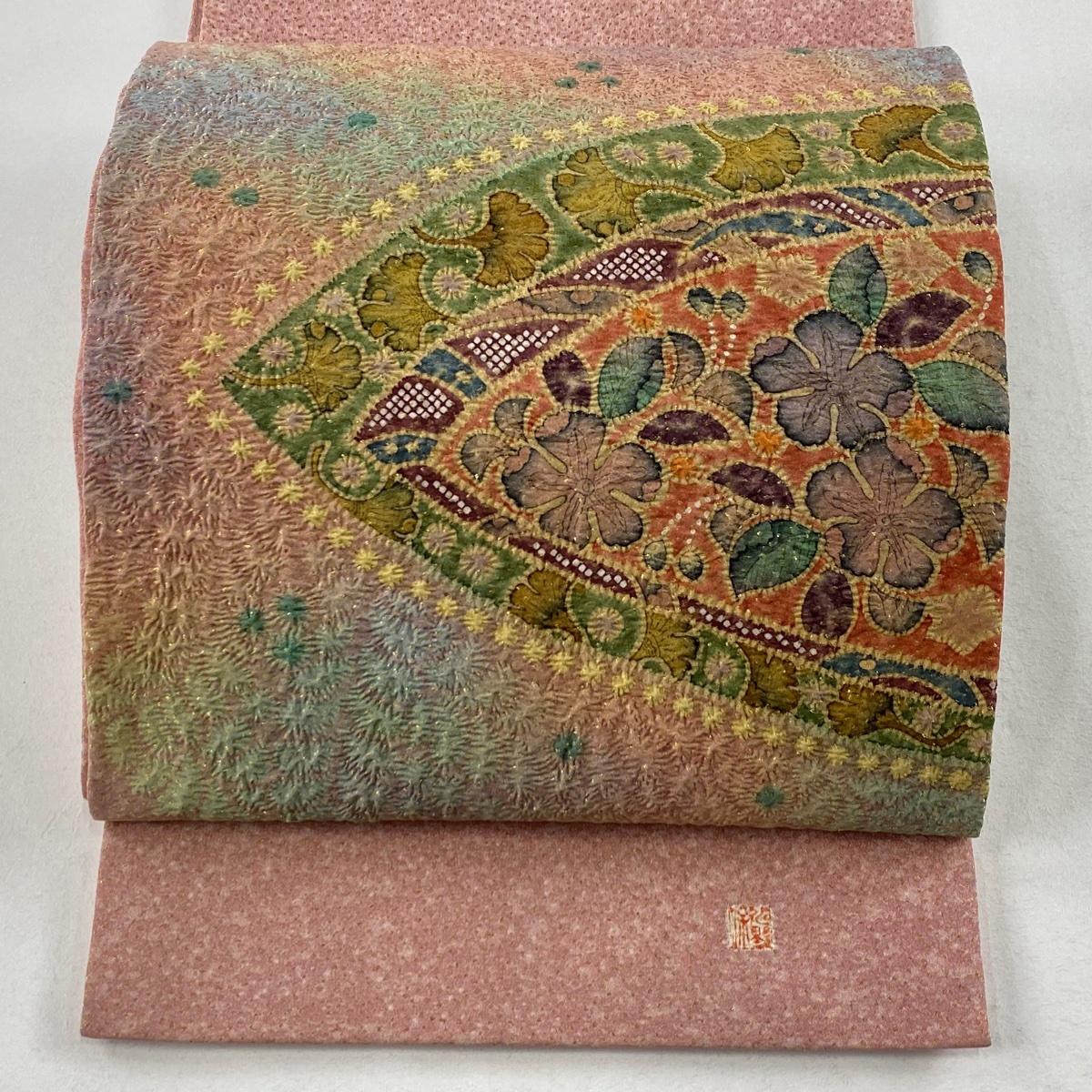 開き名古屋帯 美品 秀品 落款 水野保 草花 銀杏 金糸 ピンク 正絹 【中古】拍卖