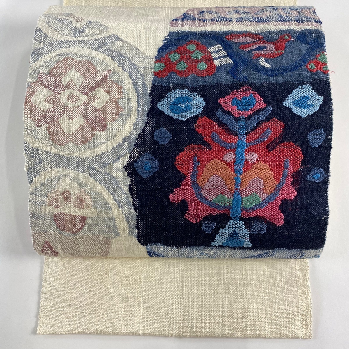 名古屋帯 美品 秀品 八寸名古屋帯 松葉仕立て 紬地 草花 鳥 濃紺 正絹 【中古】拍卖