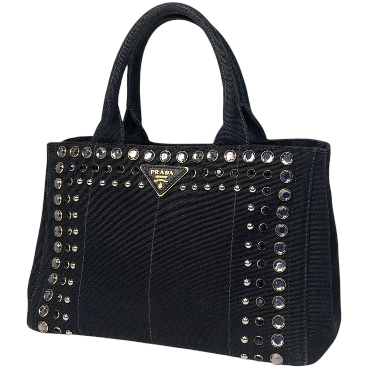 プラダ PRADA カナパ トート 2WAY ショルダーバッグ ビジュー スタッズ トートバッグ キャンバス ネロ(ブラック) レディース 【中古】拍卖