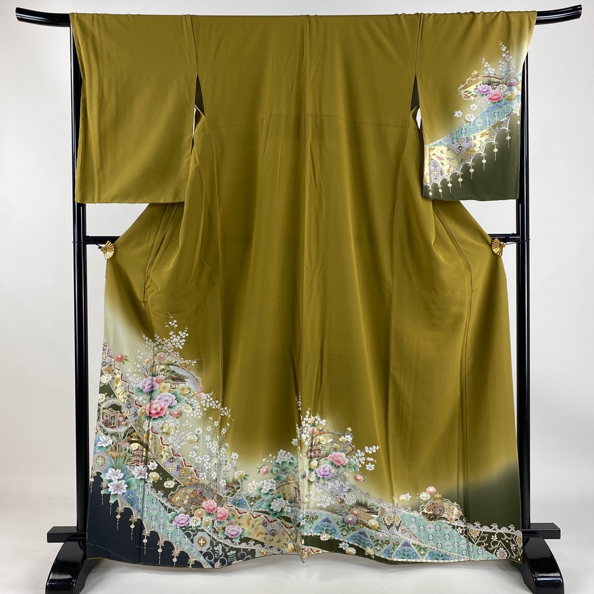 訪問着 身丈167cm 裄丈68cm L 袷 草花 御所車 金彩 ぼかし 山吹茶色 正絹 美品 秀品 【中古】拍卖