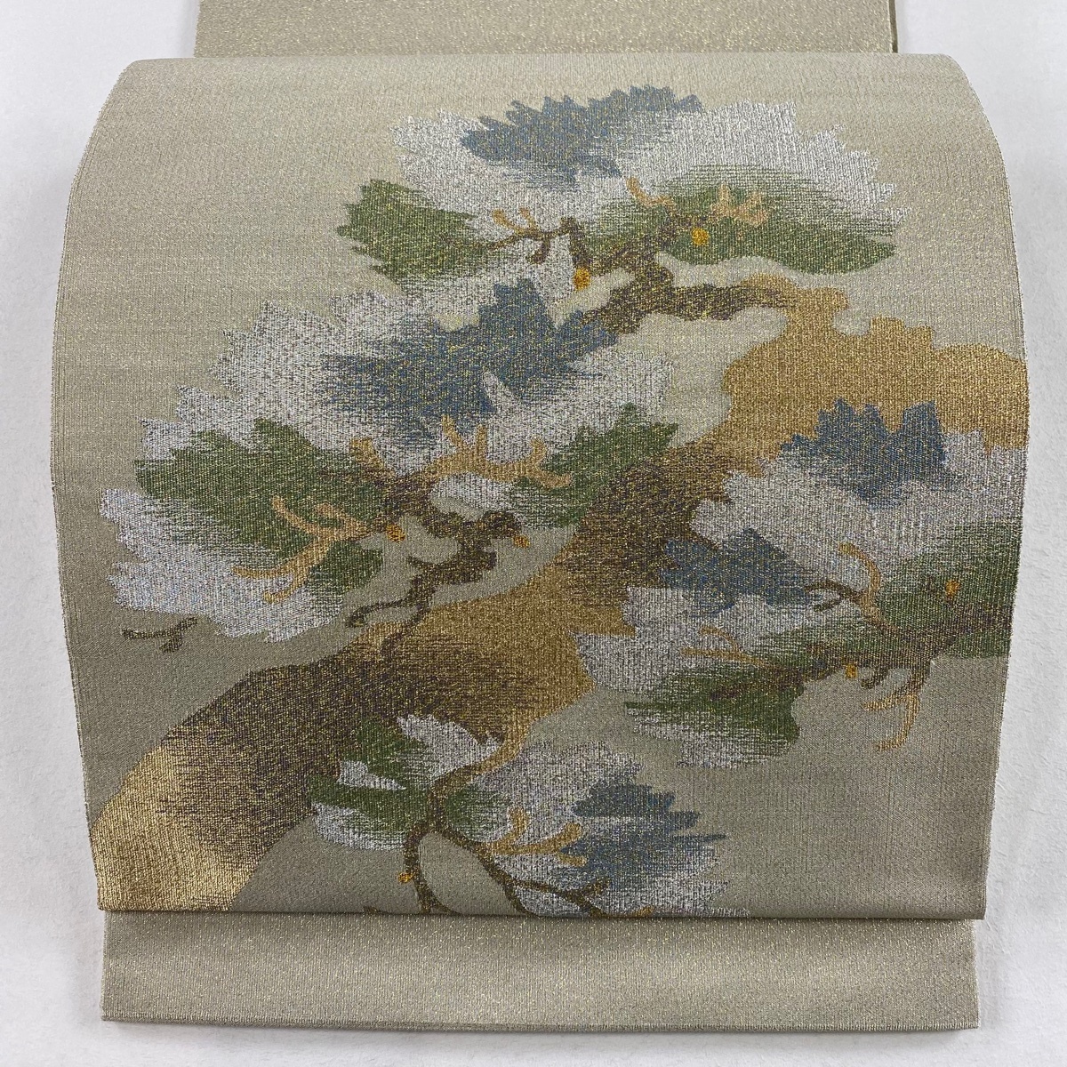 袋帯 美品 秀品 関西仕立て 松 金銀糸 金通し 灰緑 お太鼓柄 正絹 【中古】拍卖